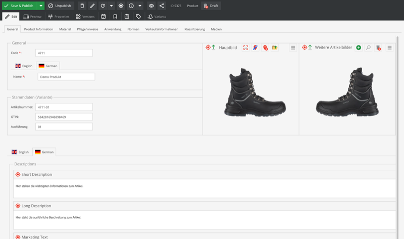 PIMGUIN Bearbeitungsmodus im Browser, Produktattribute pflegen im PIM